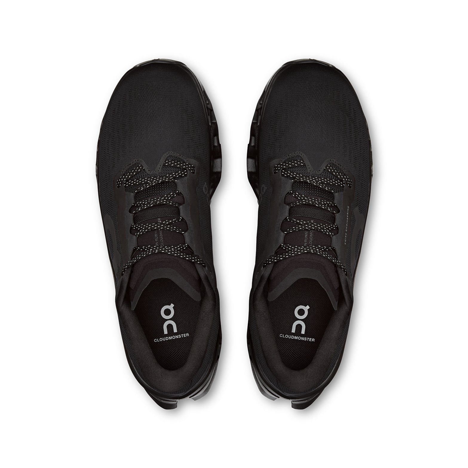 Men's On Cloudmonster 3 Running Shoes Black Black top view showing engineered knit upper with breathability zones and enhanced tongue design