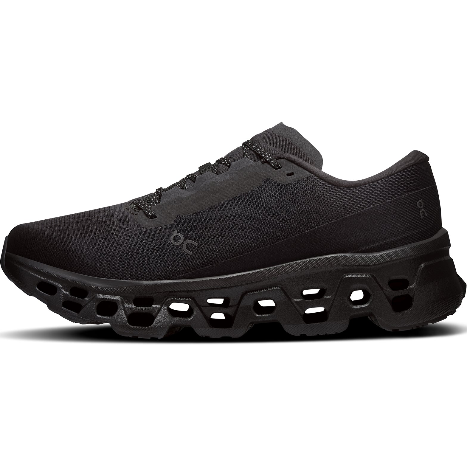 Men's On Cloudmonster 3 Running Shoes Black Black inner side view showing triple-layer CloudTec with Helion foam and Speedboard