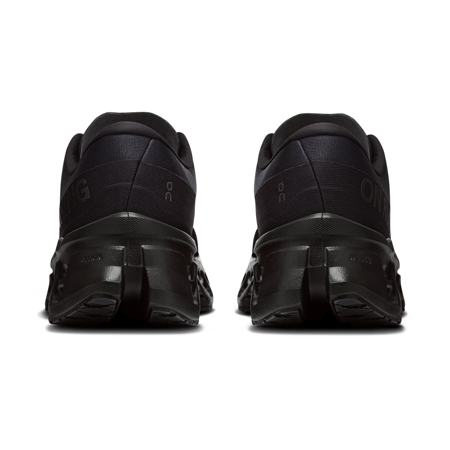 Men's On Cloudmonster 3 Running Shoes Black Black heel view showing triple-layer CloudTec stack height and Helion foam construction