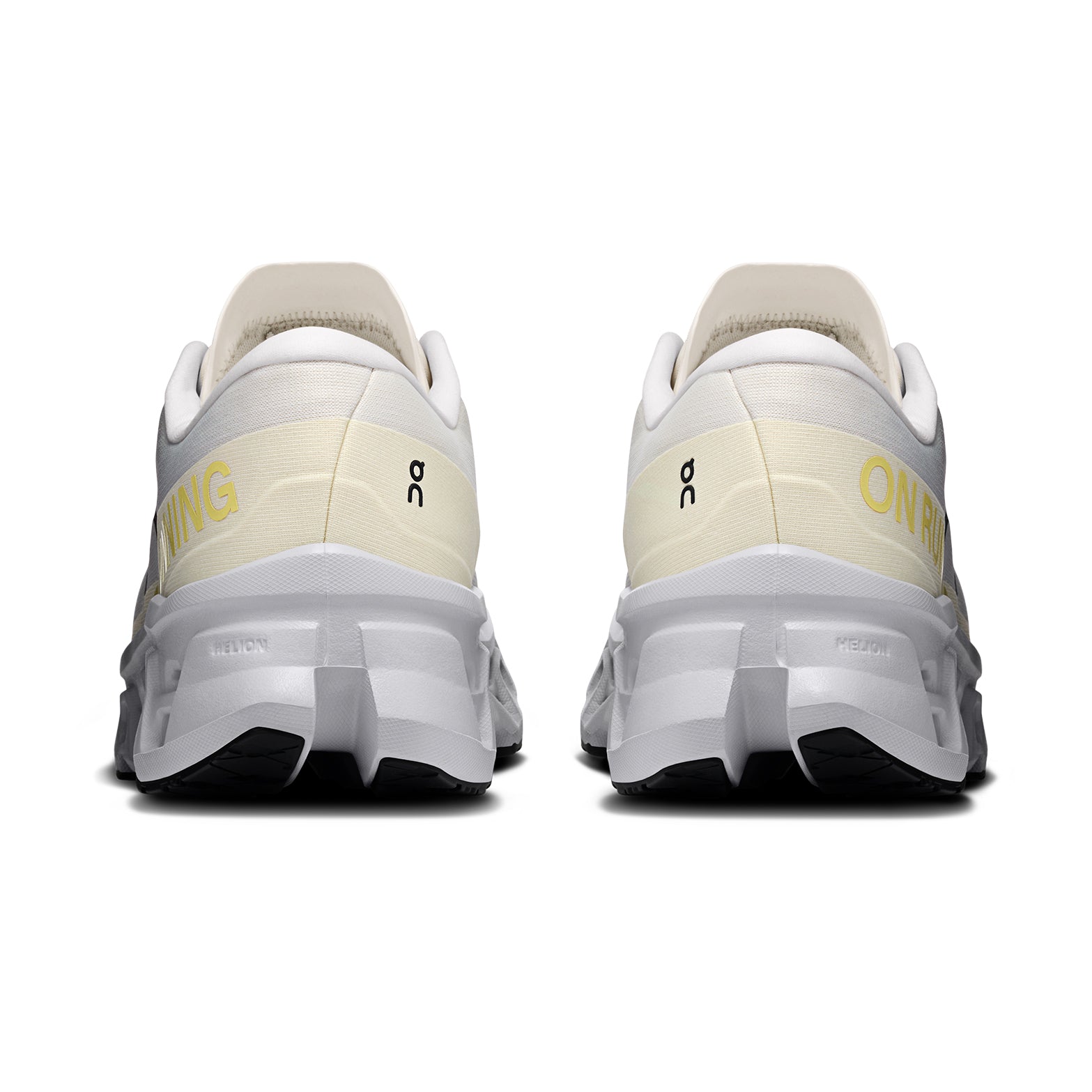 Men's On Cloudmonster 3 Running Shoes Ghost Glacier heel view showing triple-layer CloudTec cushioning stack with Helion foam and enhanced rocker shape for energetic push-offs