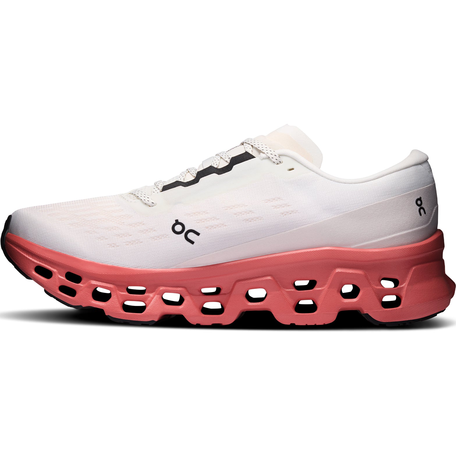 Men's On Cloudmonster 3 Running Shoes Ivory Dustrose inner side view showing Helion foam with Speedboard propulsion and enhanced tongue design for secure lockdown during everyday training