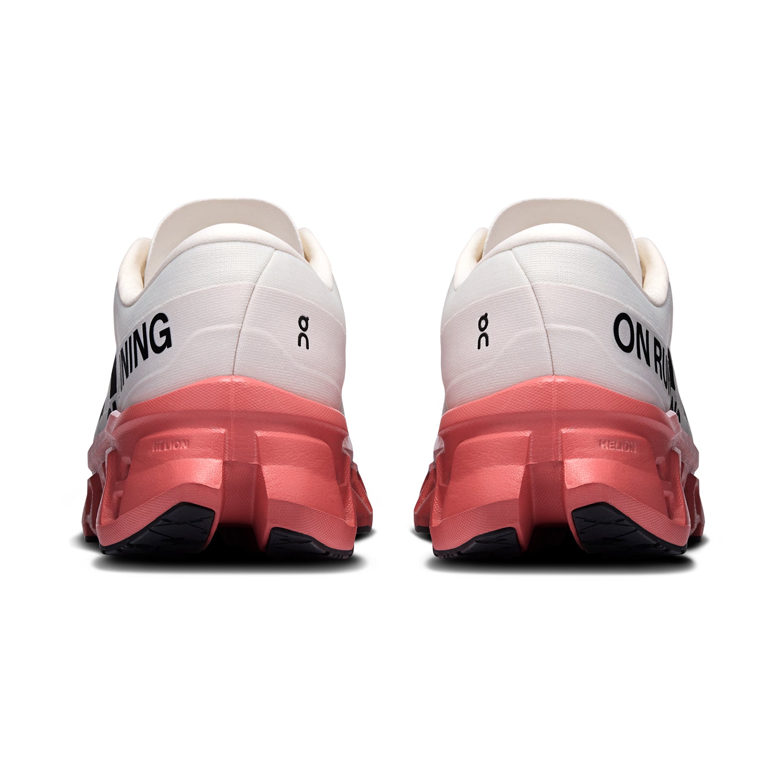 Men's On Cloudmonster 3 Running Shoes Ivory Dustrose heel view showing triple-layer CloudTec cushioning stack with Helion foam and enhanced rocker shape for energetic push-offs