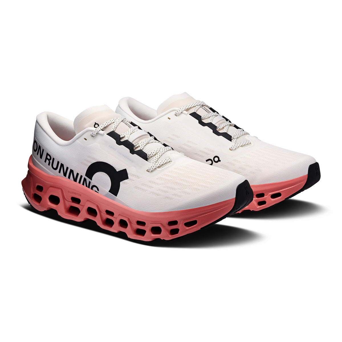 Men's On Cloudmonster 3 Running Shoes Ivory Dustrose angled side view of pair showing triple-layer CloudTec foam with Helion cushioning, enhanced rocker shape and compressed rubber outsole for maximum cushioned responsive daily running