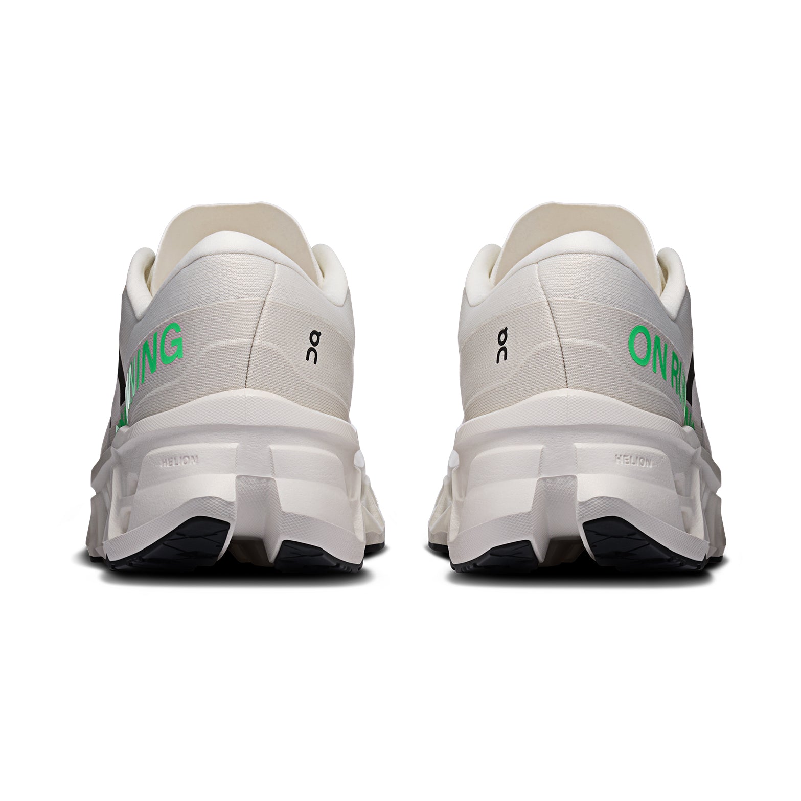 Men's On Cloudmonster 3 Running Shoes Ivory Ivory heel view showing triple-layer CloudTec cushioning stack with Helion foam and enhanced rocker shape for energetic push-offs