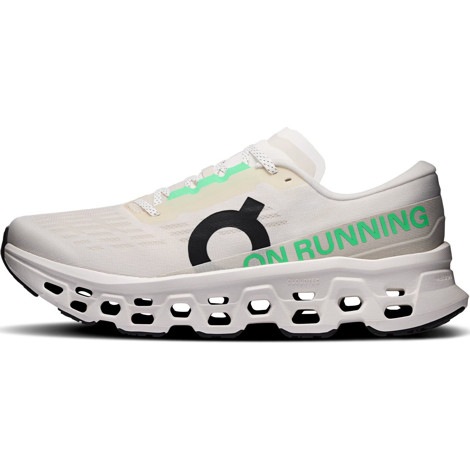 Men's On Cloudmonster 3 Running Shoes Ivory Ivory inner side view showing Helion foam with Speedboard propulsion and enhanced tongue design for secure lockdown during everyday training