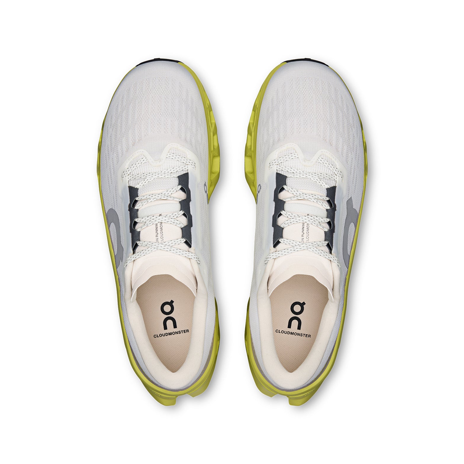 Men's On Cloudmonster 3 Running Shoes Ivory Limelight top view showing breathable engineered mesh upper for comfortable daily running