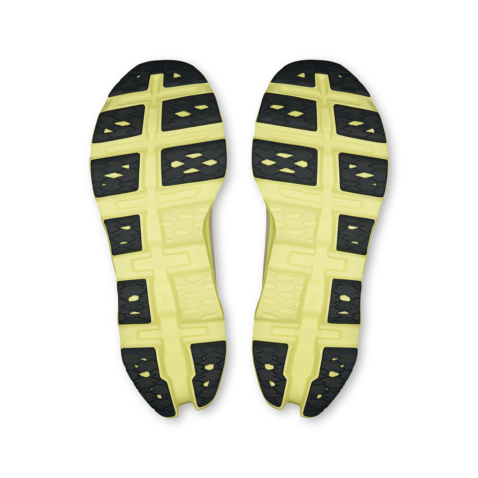 Men's On Cloudmonster 3 Running Shoes Ivory Limelight sole view displaying CloudTec cushioning system with maximum road traction for daily training runs