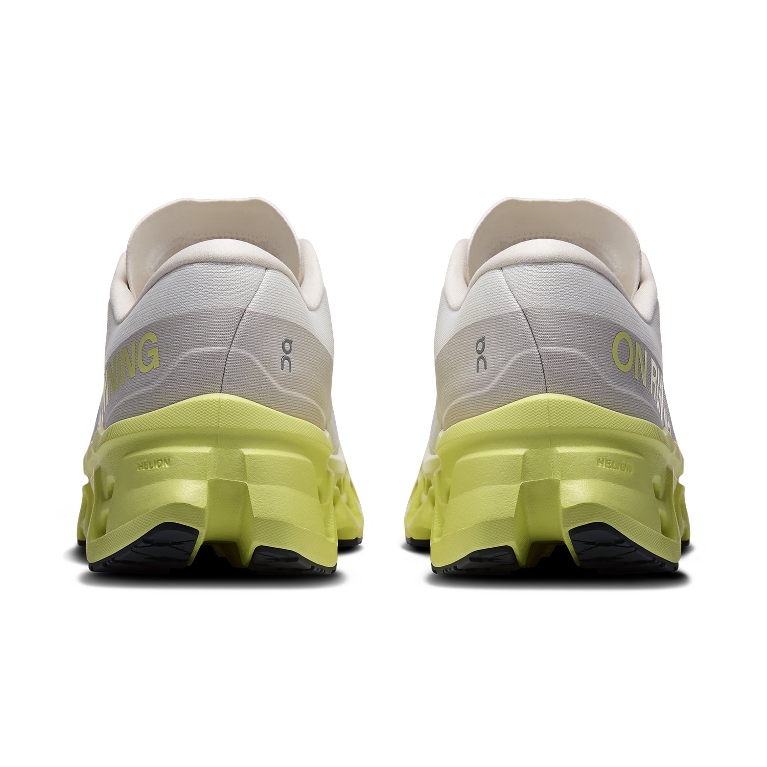 Men's On Cloudmonster 3 Running Shoes Ivory Limelight heel view showing maximum CloudTec cushioning stack with carbon-infused Speedboard and Helion foam