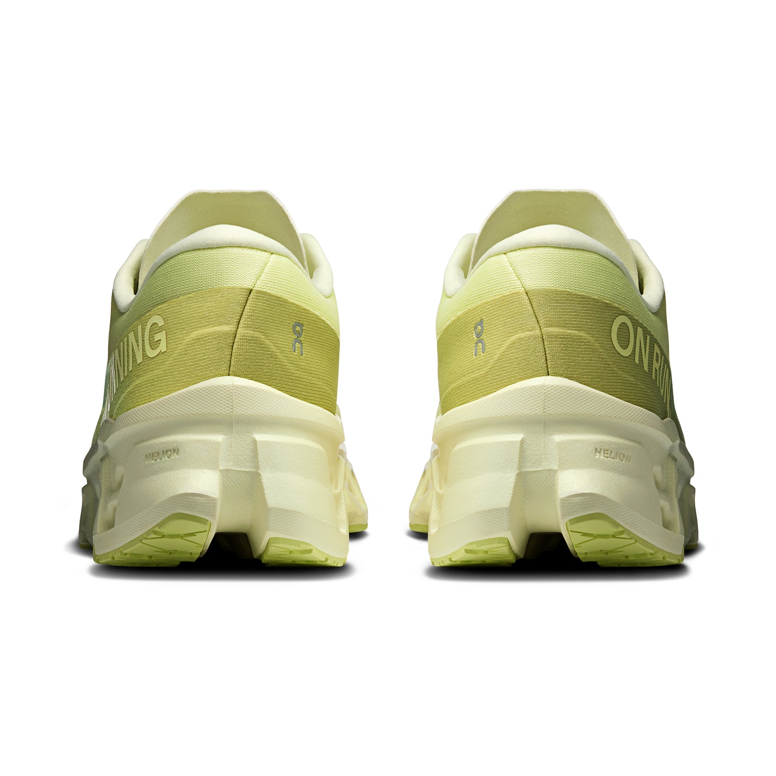 Men's On Cloudmonster 3 Running Shoes Limelight Seedling heel view showing triple-layer CloudTec stack height and Helion foam construction