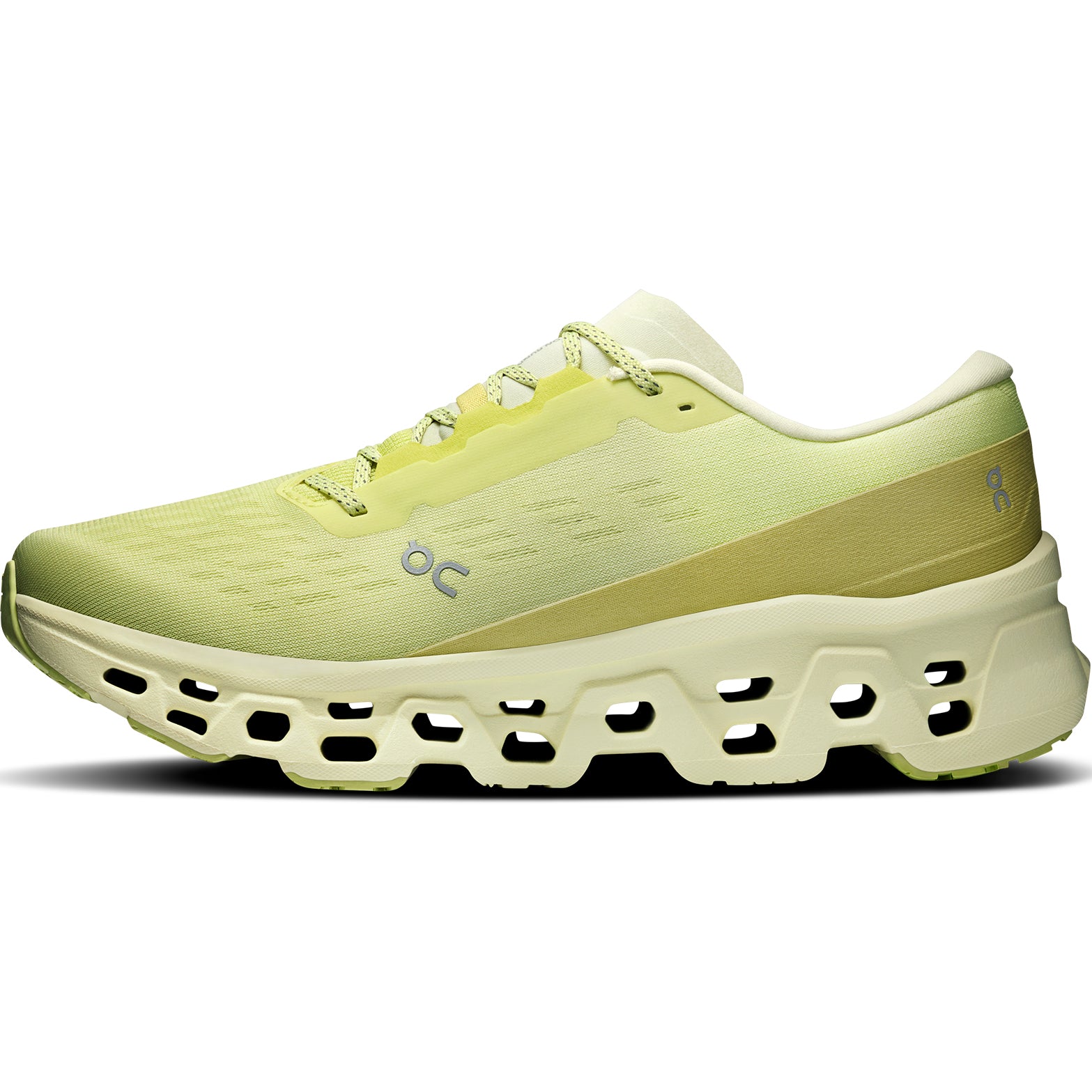 Men's On Cloudmonster 3 Running Shoes Limelight Seedling inner side view showing triple-layer CloudTec with Helion foam and Speedboard
