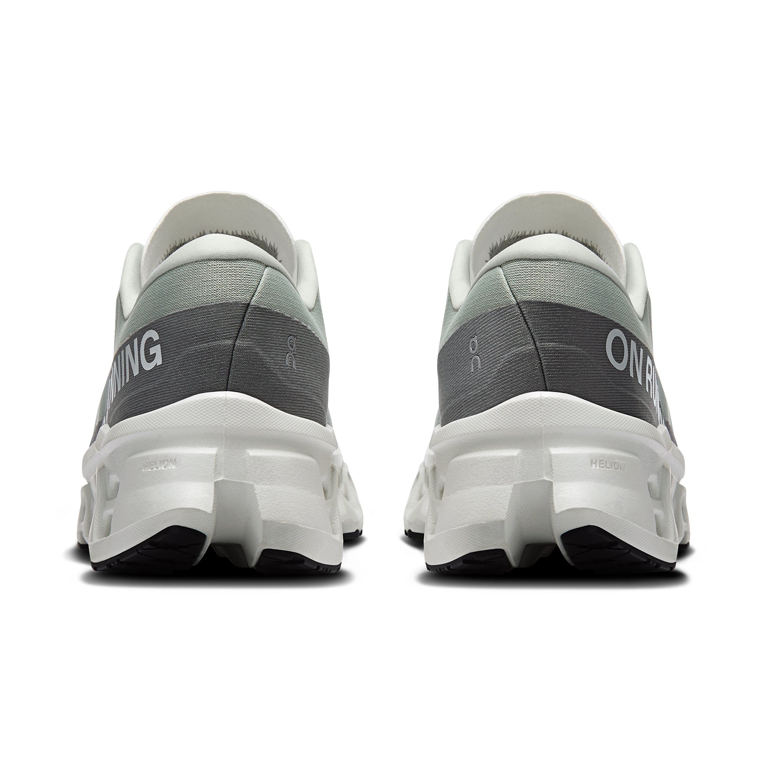 On Cloudmonster 3 men's running shoe in Tin / Ivory — heel view showing enhanced rocker heel geometry, padded collar and ivory triple-layer CloudTec® midsole contrast