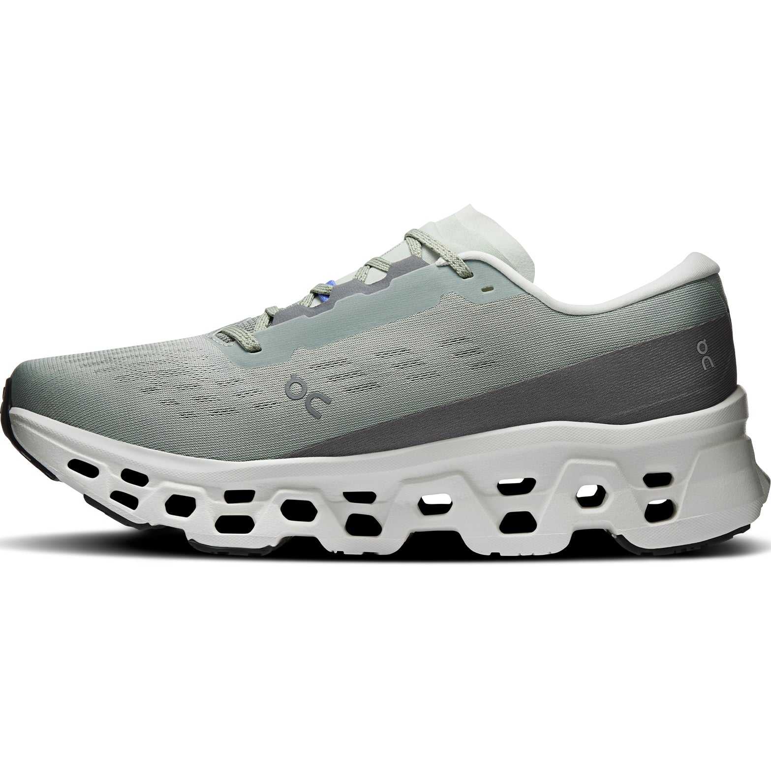 On Cloudmonster 3 men's running shoe in Tin / Ivory — inner view showing tin grey engineered knit upper, ivory Helion™ foam midsole detailing and compressed rubber outsole construction
