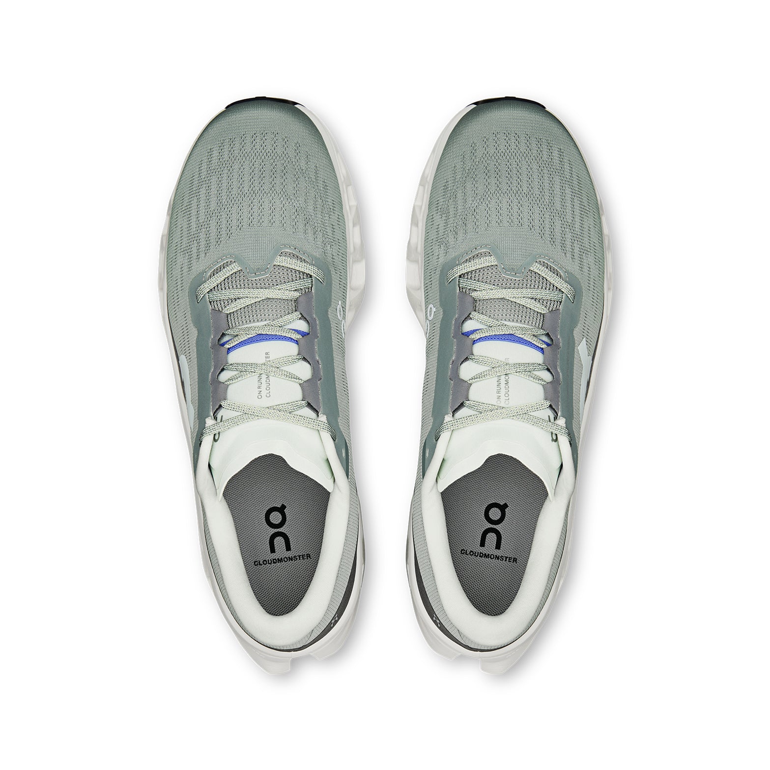 On Cloudmonster 3 men's running shoe in Tin / Ivory — top-down view showing tin grey engineered knit upper with breathability zones, enhanced tongue construction and lace closure with ivory detailing