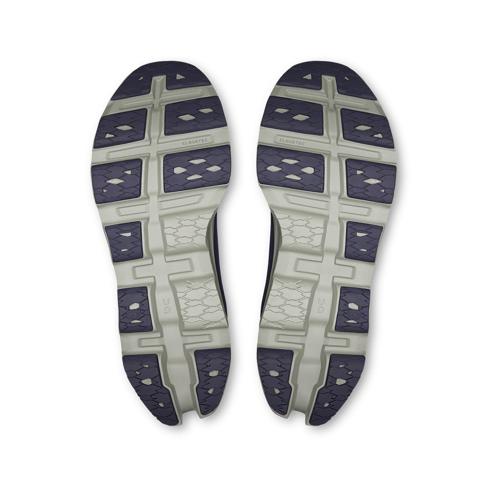 Men's On Cloudmonster 3 Running Shoes Twilight White sole view displaying compressed rubber outsole and triple-layer CloudTec cushioning pods