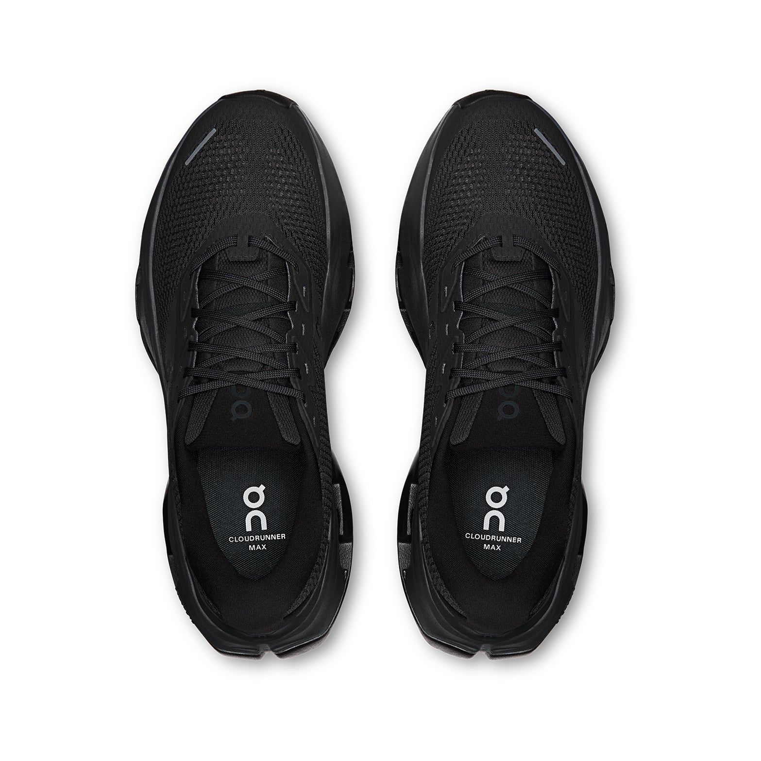 Men's On Cloudrunner 3 Max Running Shoes Black Black top view showing engineered mesh upper with plush heel and tongue for breathable secure supported daily road running
