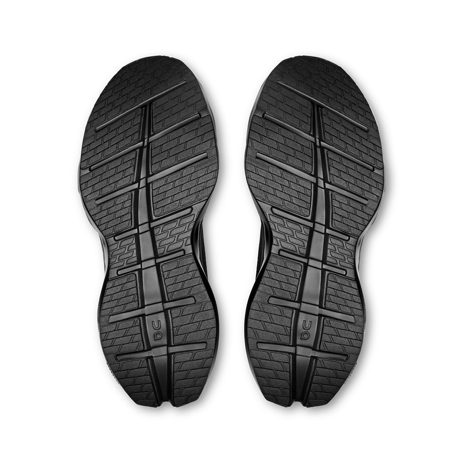 Men's On Cloudrunner 3 Max Running Shoes Black Black sole view displaying enhanced rubber outsole with wide base and stability-engineered CloudTec geometry for traction and lateral suppor