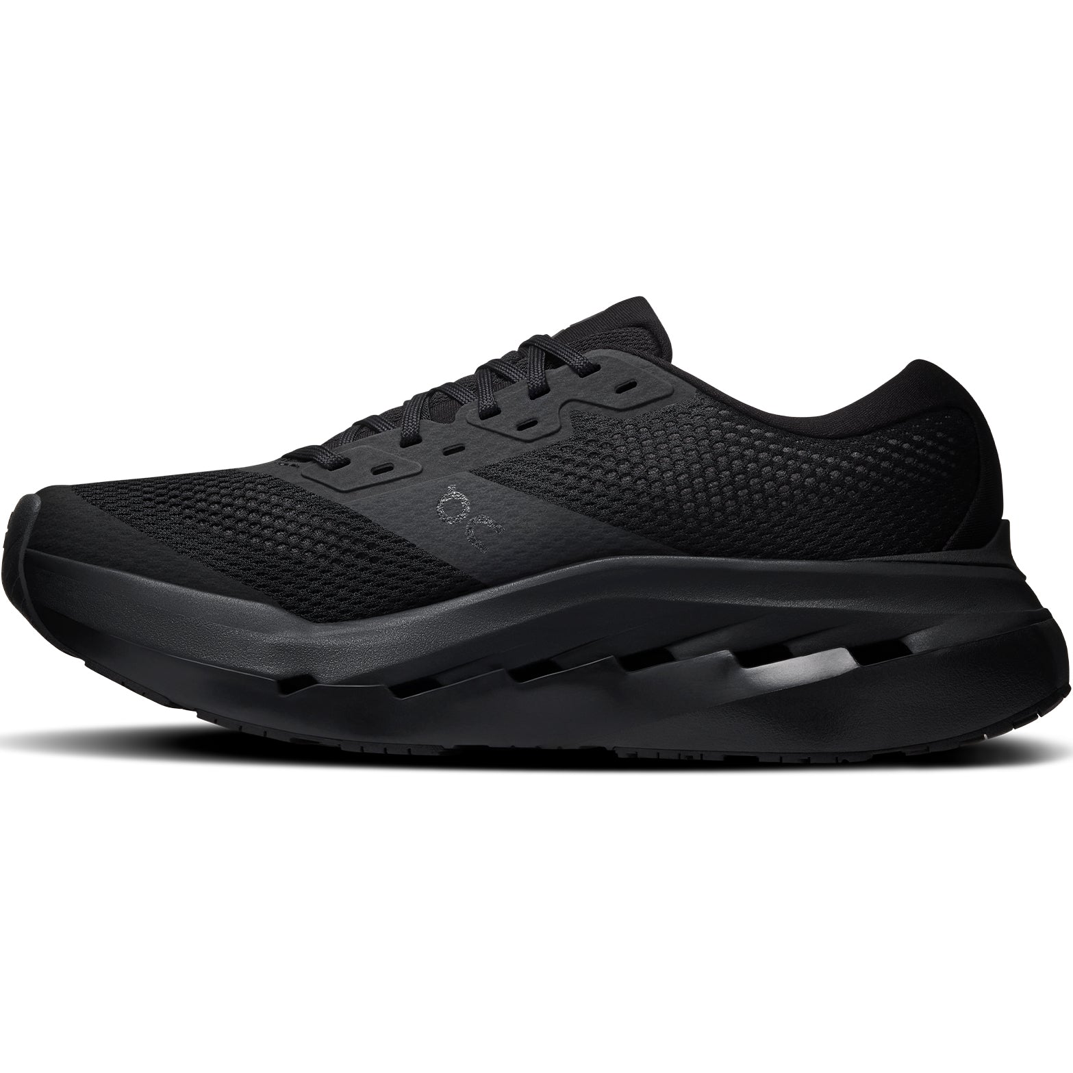 Men's On Cloudrunner 3 Max Running Shoes Black Black inner side view showing Helion HF hyper foam top layer with high sidewall cupping and heel clip for secure stable daily training