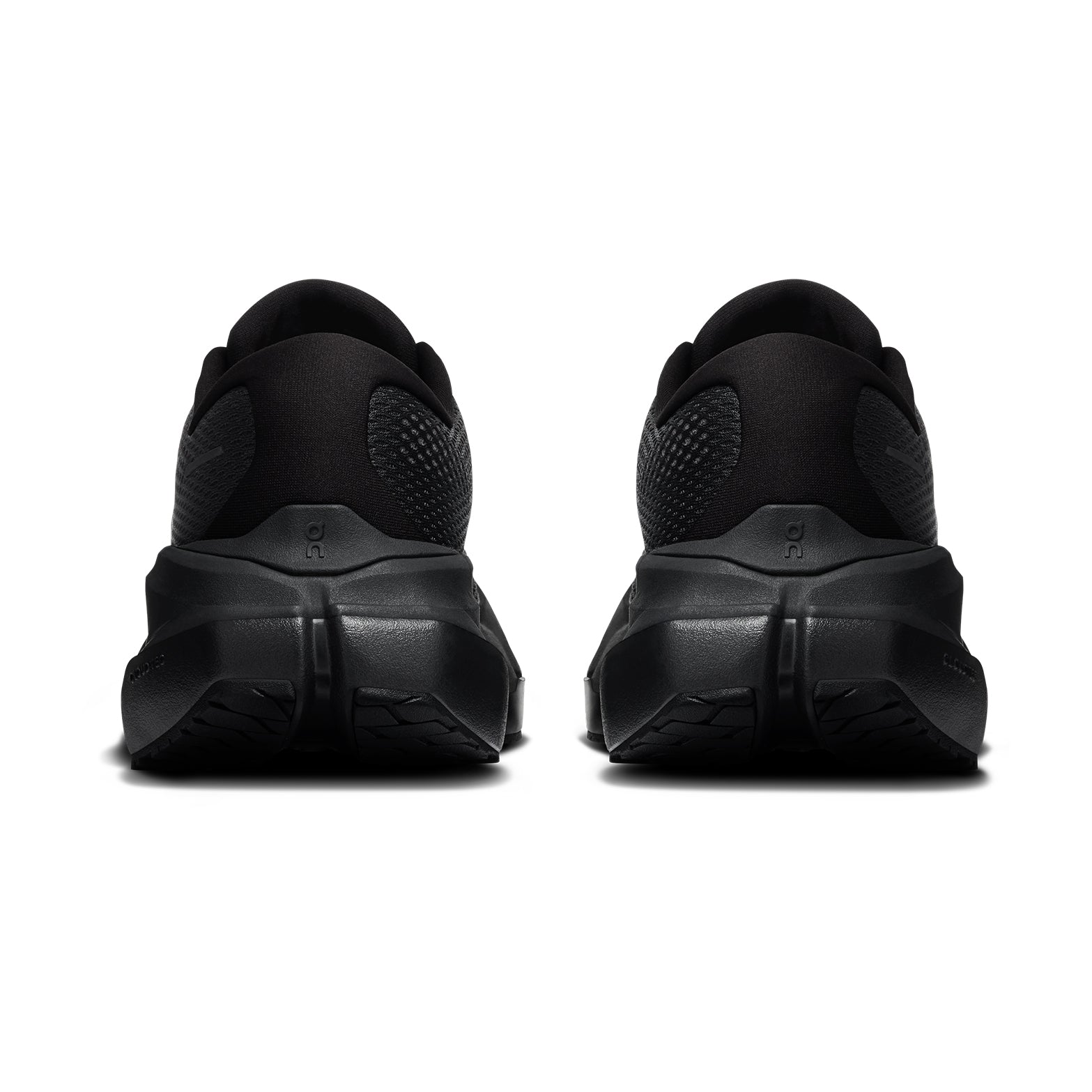 Men's On Cloudrunner 3 Max Running Shoes Black Black heel view showing dual-foam midsole with heel clip and plush tongue for secure lockdown and cushioned supported daily running