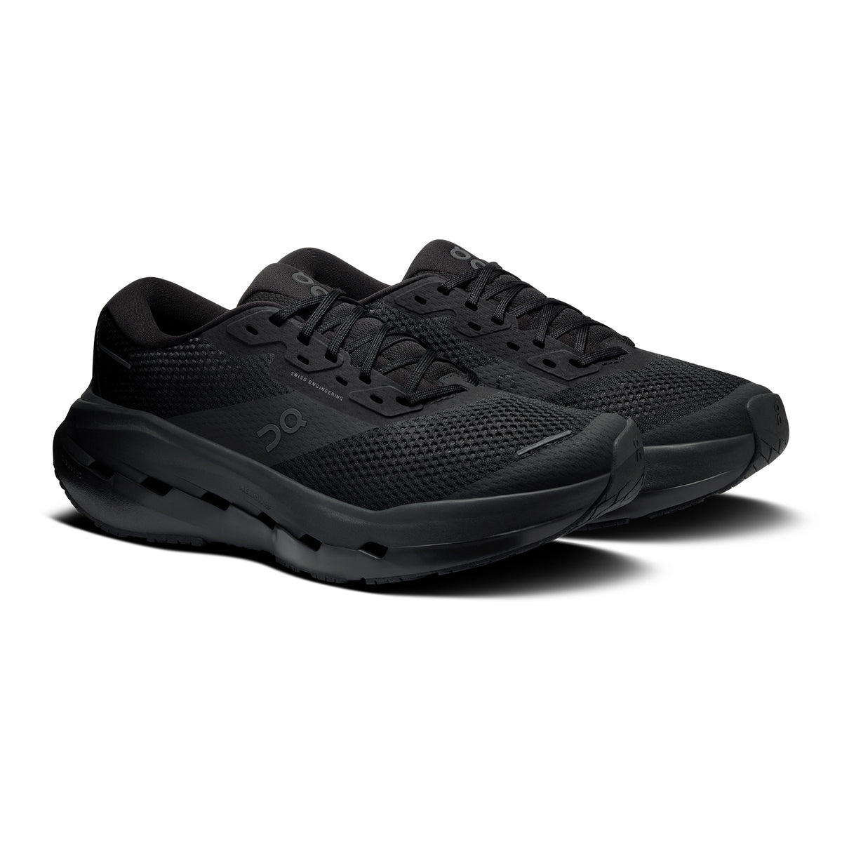 Men's On Cloudrunner 3 Max Running Shoes Black Black angled side view of pair showing stability-engineered CloudTec with Helion HF hyper foam midsole, wide base and enhanced rubber outsole for max cushion max support daily running