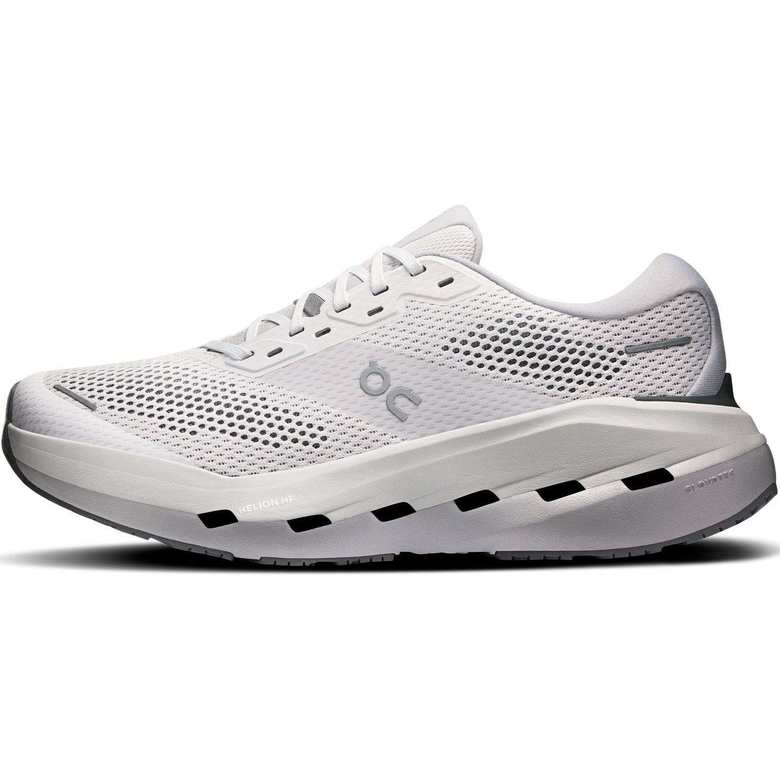 Men's On Cloudrunner 3 Max Running Shoes Frost Rock inner side view showing Helion HF hyper foam top layer with high sidewall cupping and heel clip for secure stable daily training