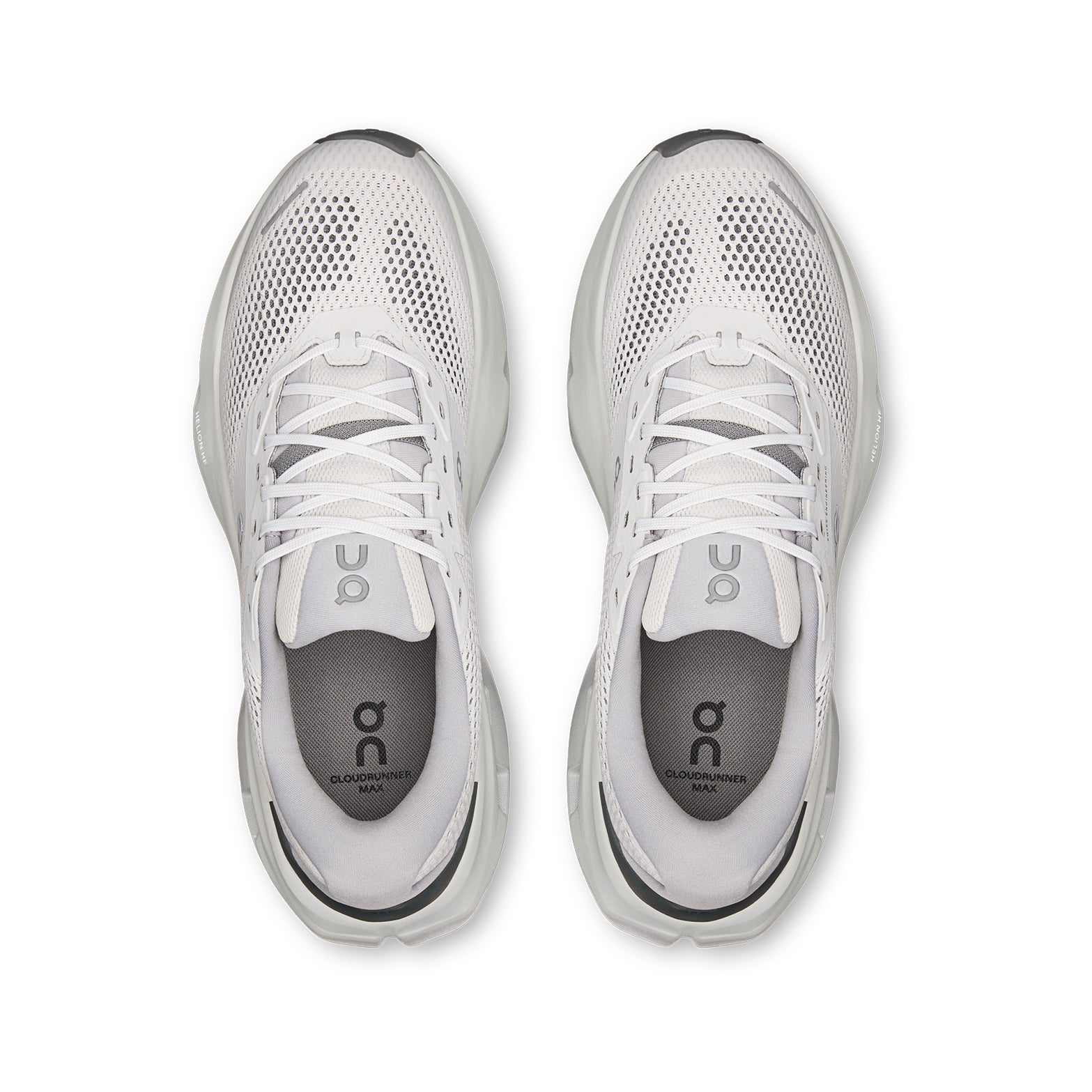 Men's On Cloudrunner 3 Max Running Shoes Frost Rock top view showing engineered mesh upper with plush heel and tongue for breathable secure supported daily road running