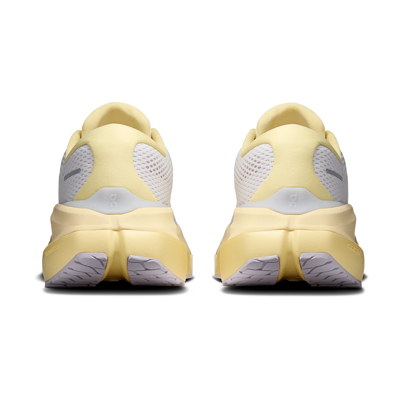Men's On Cloudrunner 3 Max Running Shoes Ivory Dijon heel view showing dual-foam midsole with heel clip and plush tongue for secure lockdown and cushioned supported daily running