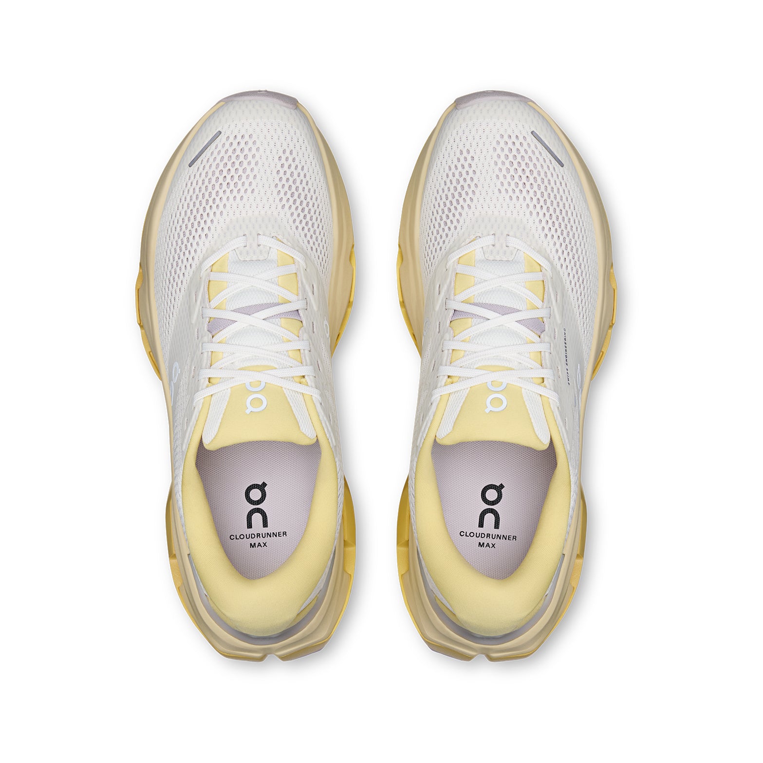 Men's On Cloudrunner 3 Max Running Shoes Ivory Dijon top view showing engineered mesh upper with plush heel and tongue for breathable secure supported daily road running