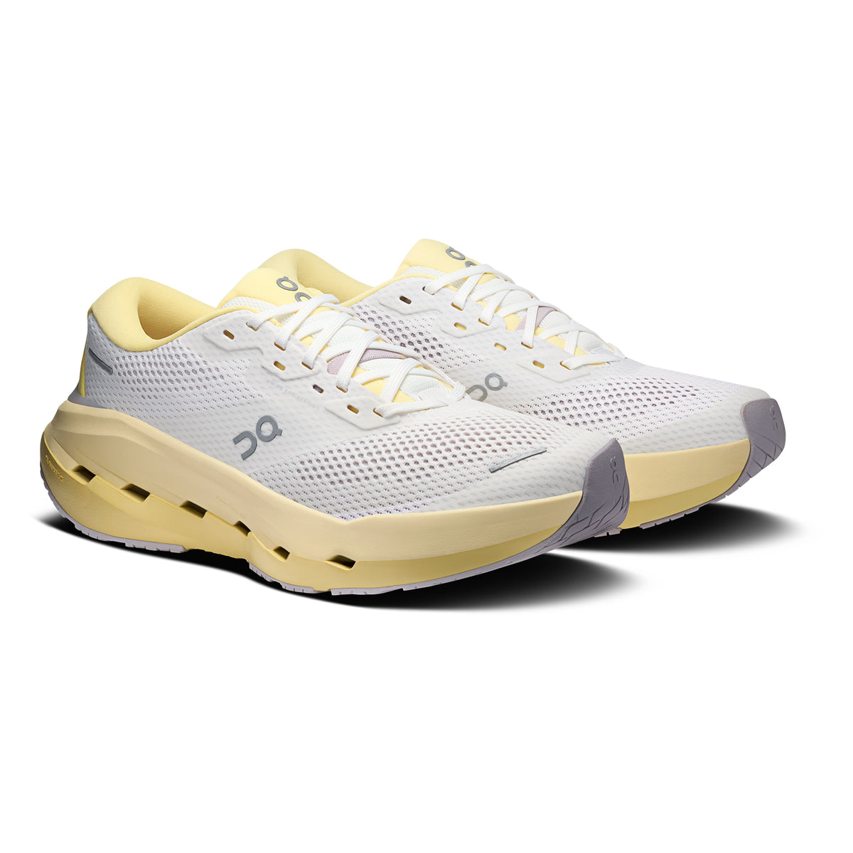 Men's On Cloudrunner 3 Max Running Shoes Ivory Dijon angled side view of pair showing stability-engineered CloudTec with Helion HF hyper foam midsole, wide base and enhanced rubber outsole for max cushion max support daily running