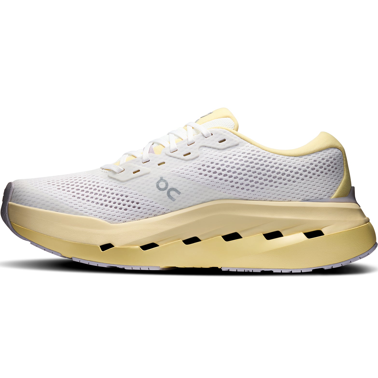 Men's On Cloudrunner 3 Max Running Shoes Ivory Dijon inner side view showing Helion HF hyper foam top layer with high sidewall cupping and heel clip for secure stable daily training