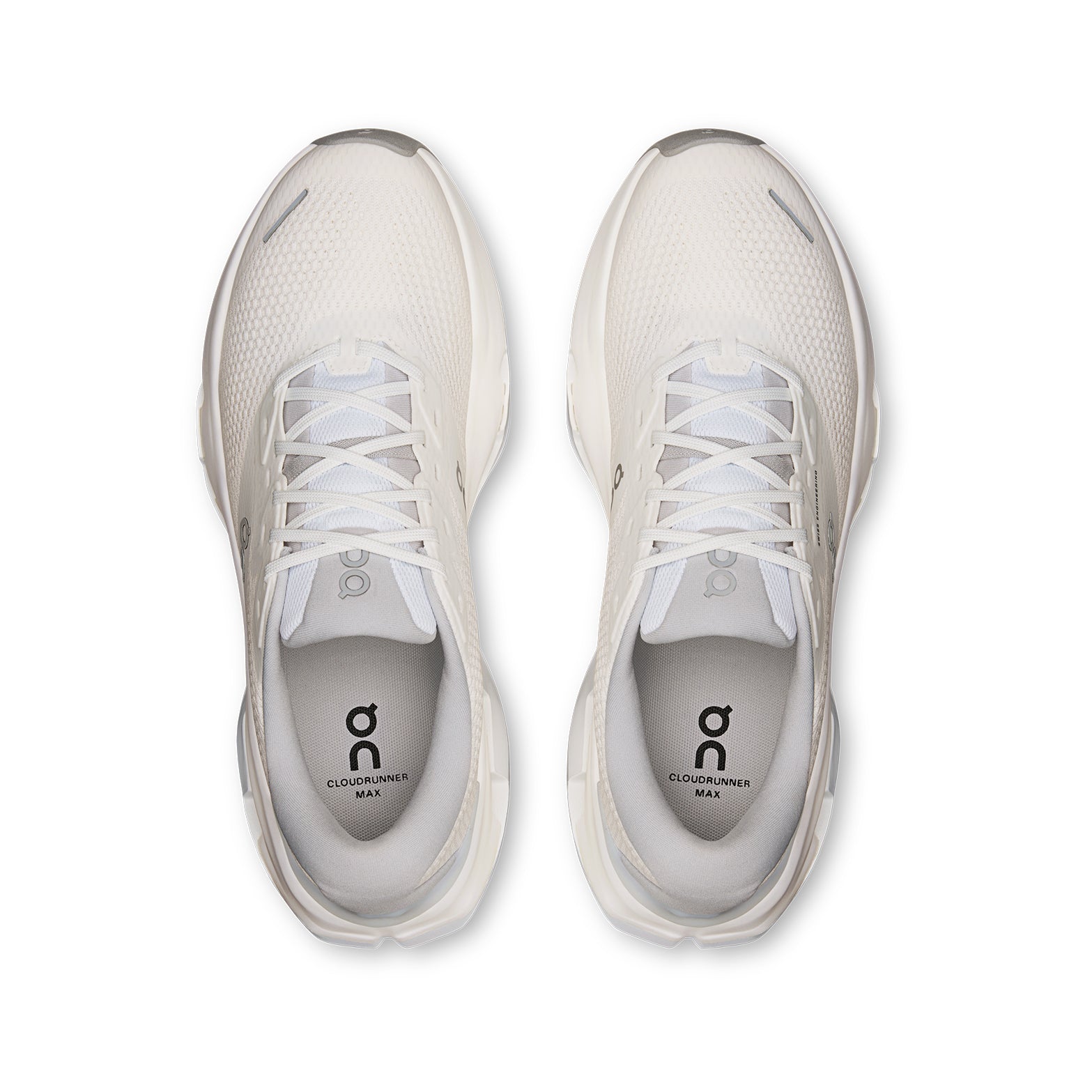 Men's On Cloudrunner 3 Max Running Shoes White Glacier top view showing engineered mesh upper with plush heel and tongue for breathable secure supported daily road running