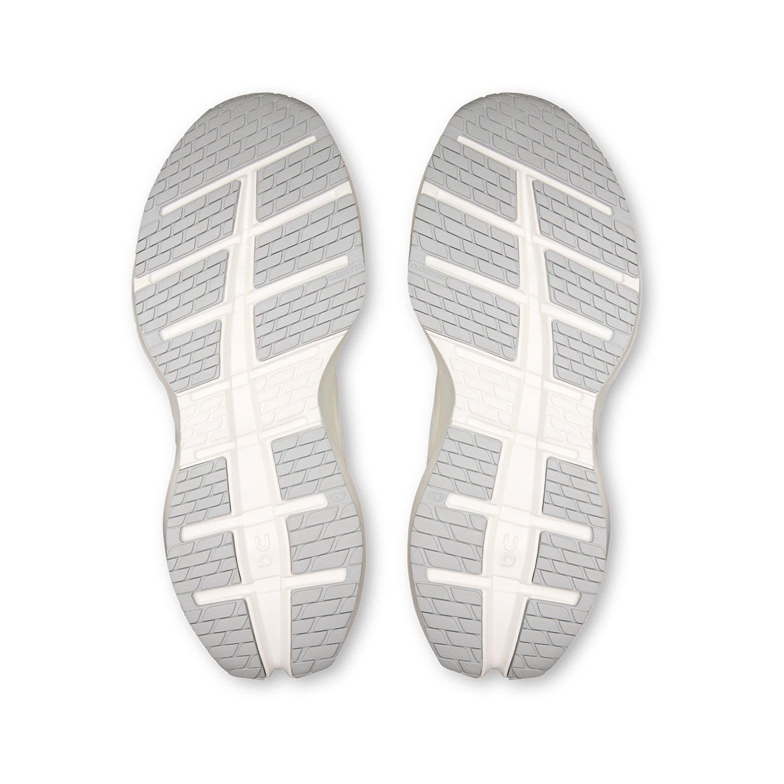Men's On Cloudrunner 3 Max Running Shoes White Glacier sole view displaying enhanced rubber outsole with wide base and stability-engineered CloudTec geometry for traction and lateral support