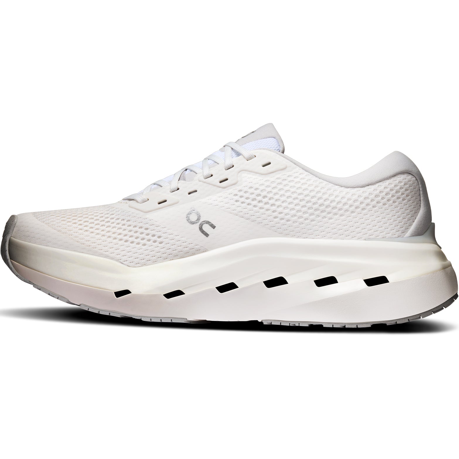 Men's On Cloudrunner 3 Max Running Shoes White Glacier inner side view showing Helion HF hyper foam top layer with high sidewall cupping and heel clip for secure stable daily training