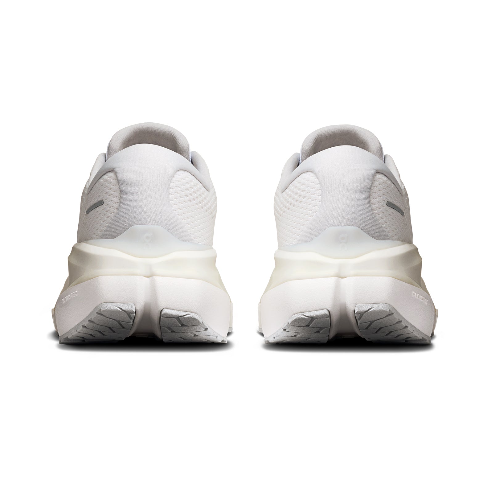 Men's On Cloudrunner 3 Max Running Shoes White Glacier heel view showing dual-foam midsole with heel clip and plush tongue for secure lockdown and cushioned supported daily running