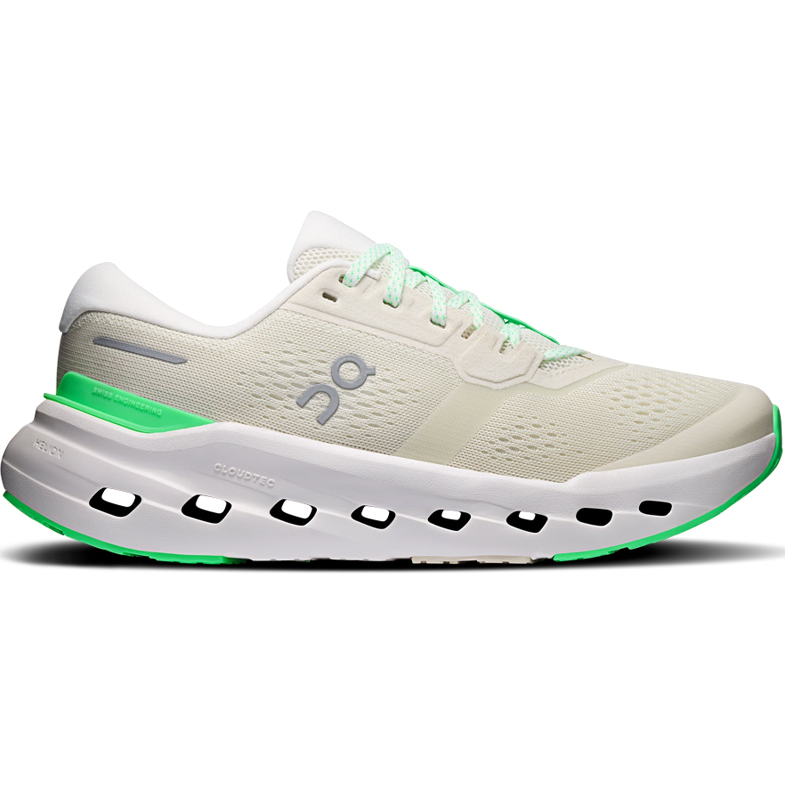 Men's On Cloudrunner 3 Running Shoes Ghost Verdite outer side view showing CloudTec cushioning engineered for stability with asymmetrical heel clip and wide base for confident everyday road running