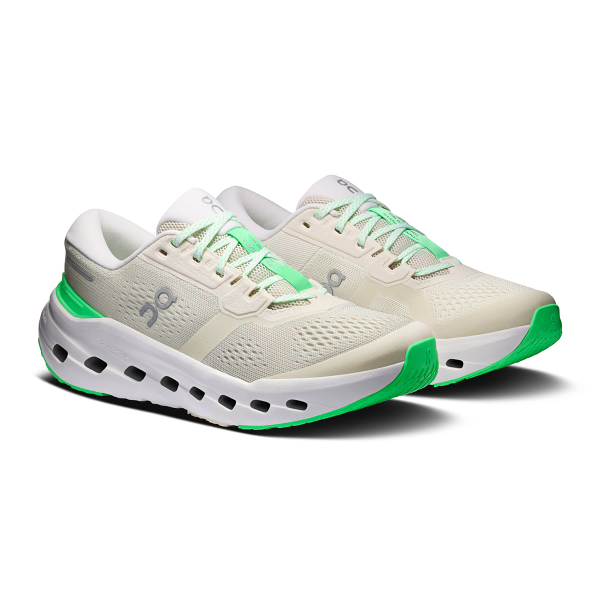 Men's On Cloudrunner 3 Running Shoes Ghost Verdite angled side view of pair showing Helion foam with asymmetrical heel clip and durable rubber outsole for stable supportive everyday road running