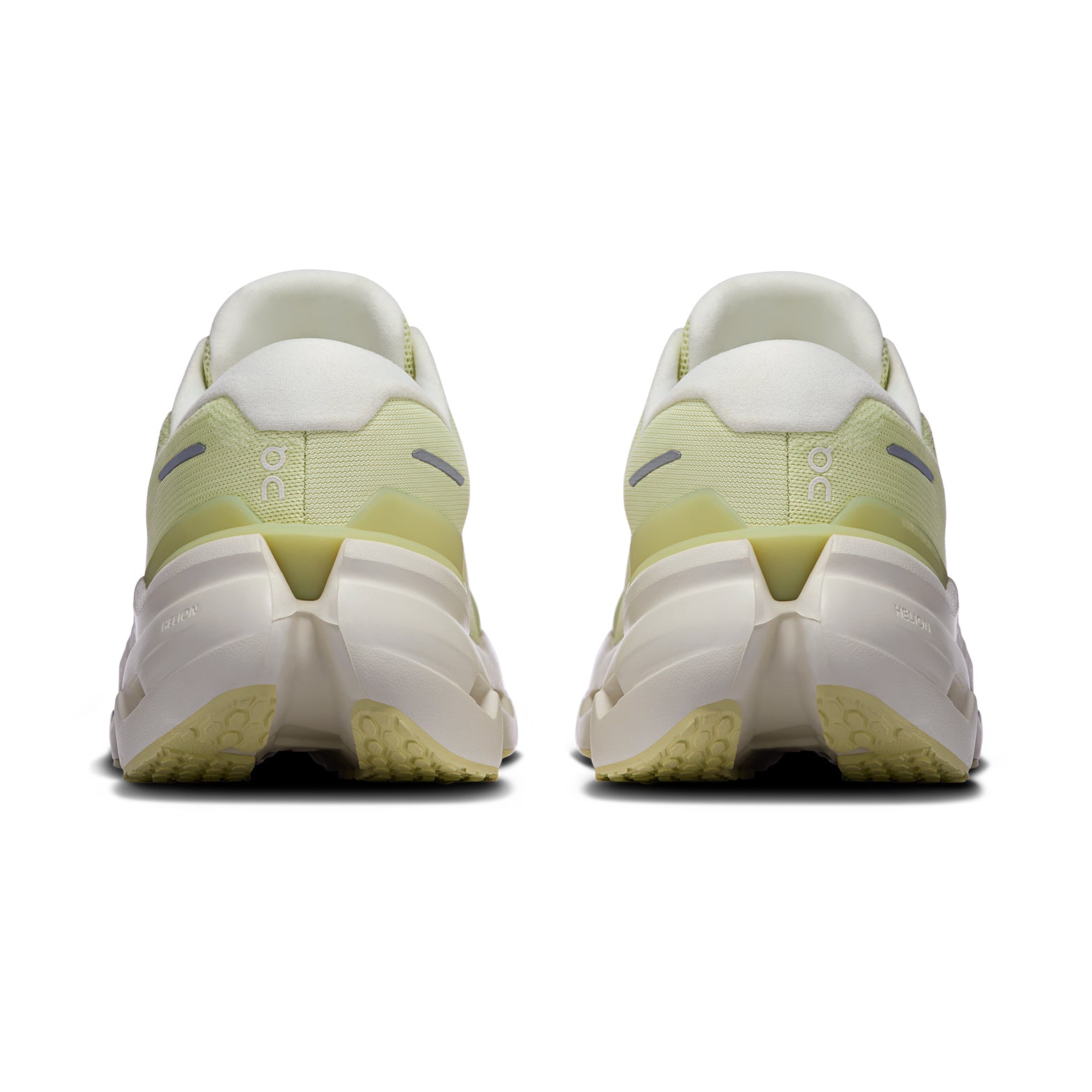 Men's On Cloudrunner 3 Running Shoes Green Beige heel view showing CloudTec cushioning stack with carbon-infused Speedboard and engineered mesh construction