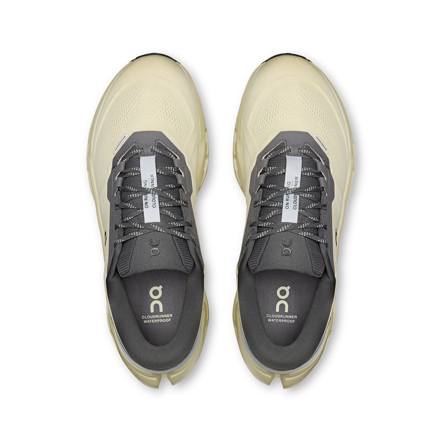 Top view of a pair of men’s Cloudrunner 3 WP Running Shoes in Pollen and Haze, with the On logo visible on the insoles and tongues. Featuring signature CloudTec stability, the shoes are neatly aligned side by side on a white background.