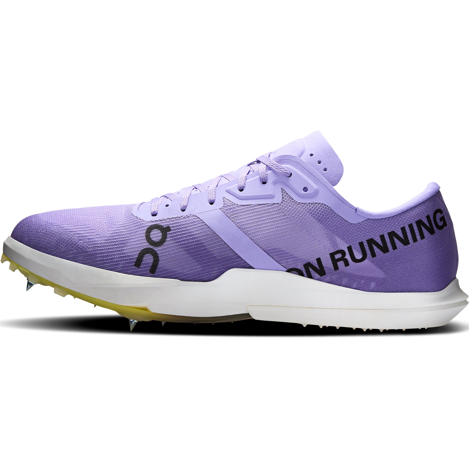 Men's On Cloudspike Amplius 2 Track Spikes Purple Yellow inner side view showing CloudTec cushioning, midfoot shank plate for stability and long-distance track construction