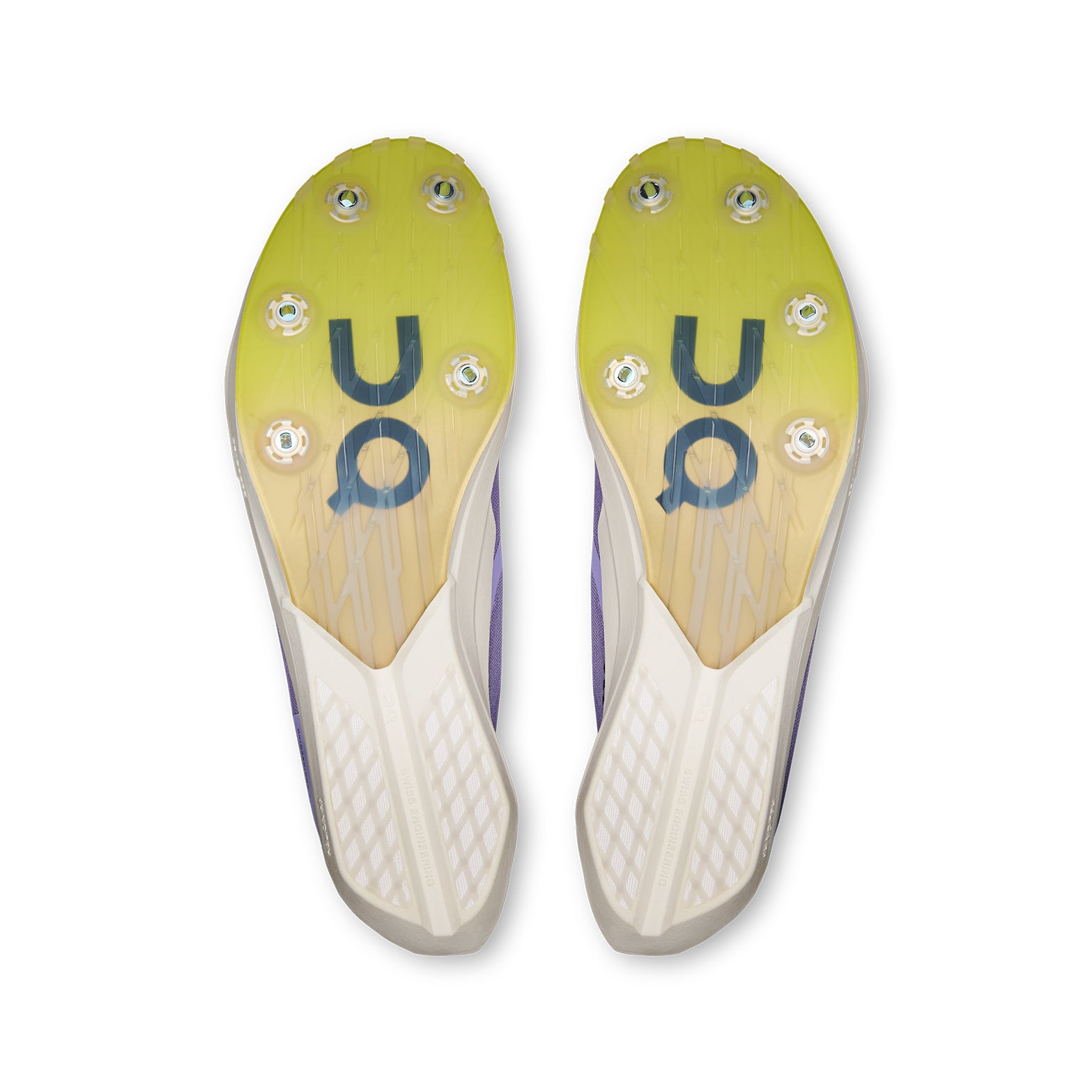 Men's On Cloudspike Amplius 2 Track Spikes Purple Yellow sole view displaying five spike pins with precise traction optimisation for long-distance track events