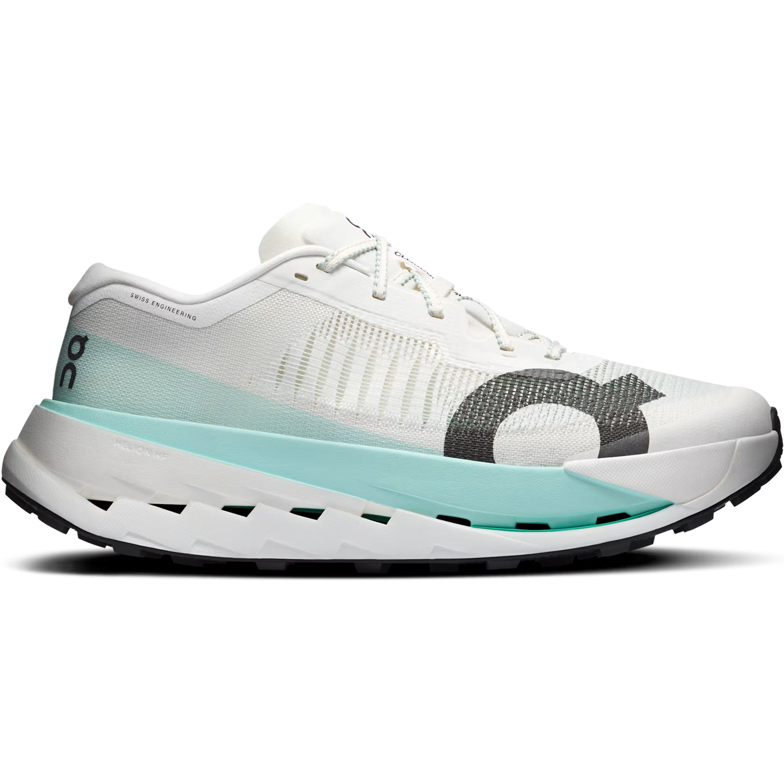 Men's On Cloudultra Pro Trail Running Shoes Ivory Celeste outer side view showing dual-layer Helion HF hyperfoam midsole with Speedboard rebound system and MissionGrip outsole for elite ultra-trail running
