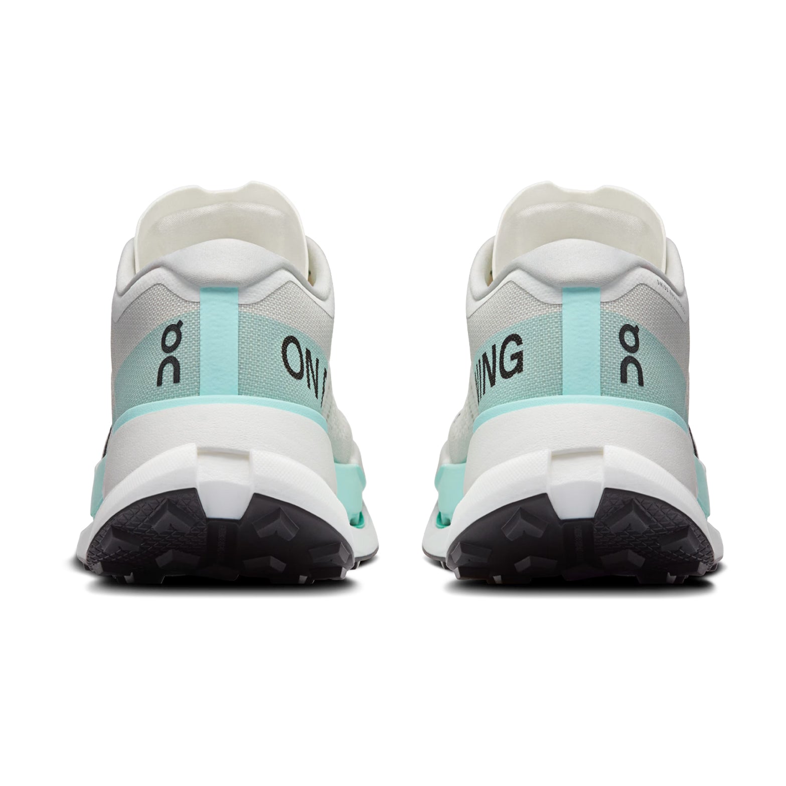 Men's On Cloudultra Pro Trail Running Shoes Ivory Celeste heel view showing dual-layer Helion HF hyperfoam with Speedboard rebound and engineered rocker for maximum efficiency during ultra-distance running