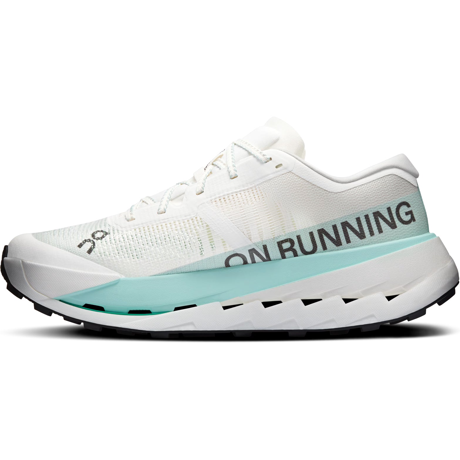 Men's On Cloudultra Pro Trail Running Shoes Ivory Celeste inner side view showing Helion HF hyperfoam with Speedboard rebound system for calibrated energy return across ultra-distance mountain terrain