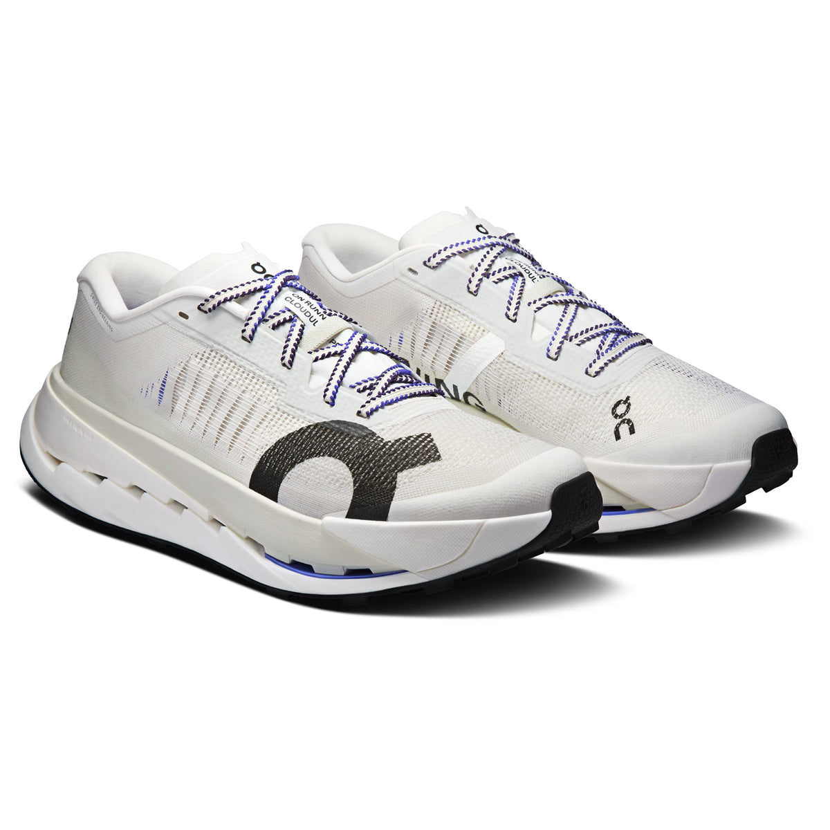 A pair of white athletic running shoes with black and purple accents, featuring a thick sole, mesh upper, and a large black ON logo on the side.