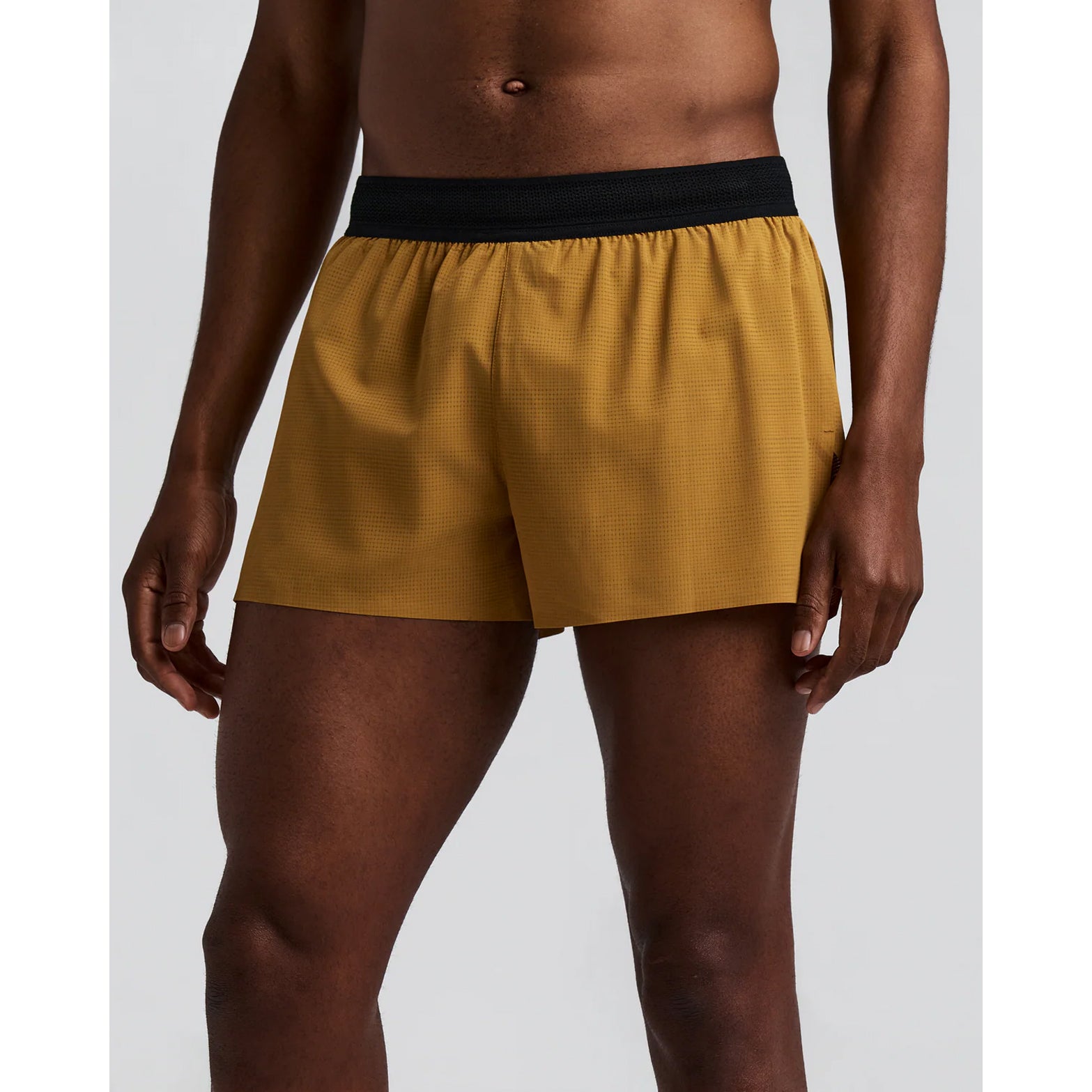 Men's Bandit CoolGrid 3 Inch Split Shorts Copal front view on male runner showing mid-rise fit with two-tone mesh waistband and internal drawstring for adjustable comfort