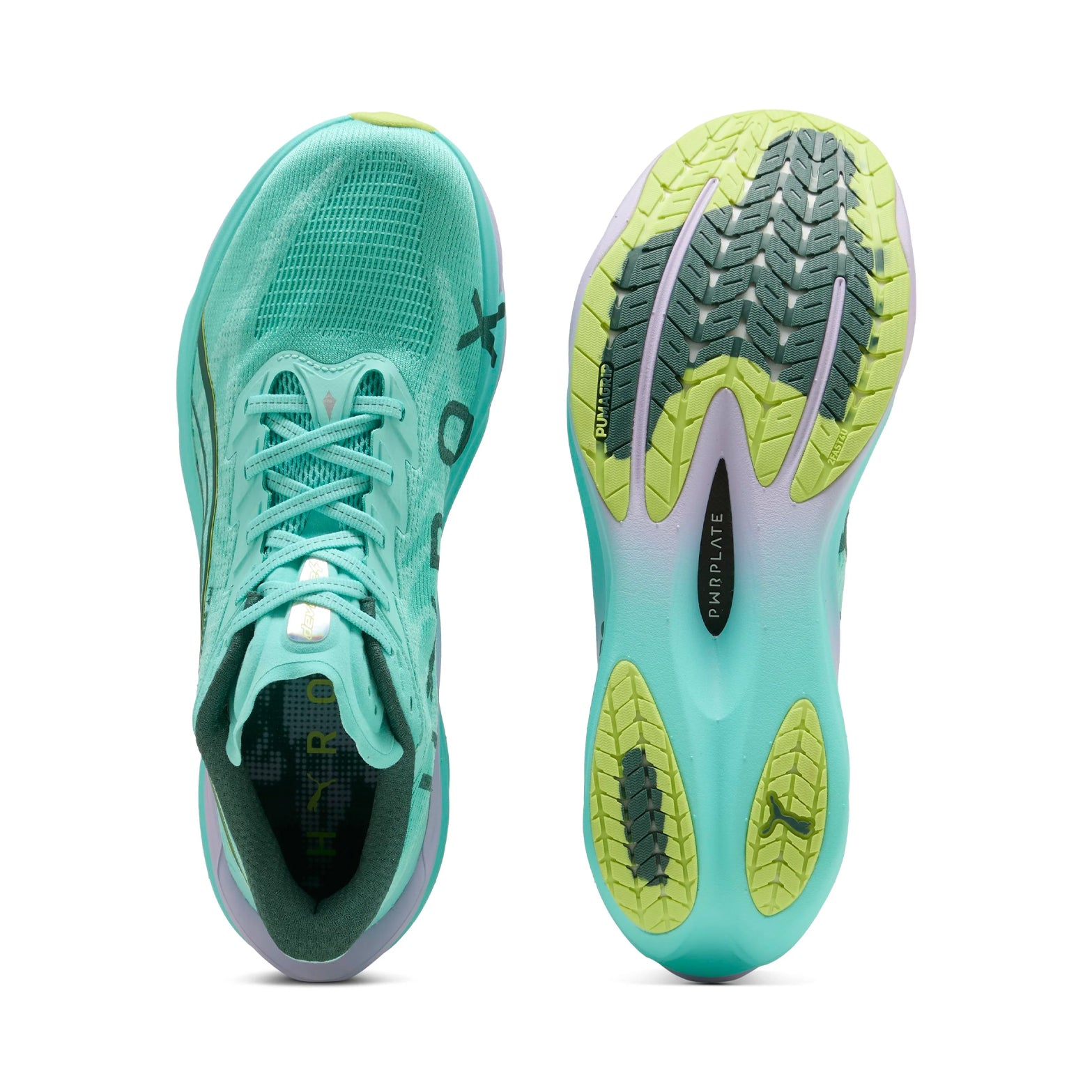 Men's Puma Deviate NITRO 4 HYROX Running Shoes Intense Mint Light Lavender showing top view of recycled upper construction alongside sole view displaying PUMAGRIP durable performance rubber for all-surface traction across HYROX arena surfaces