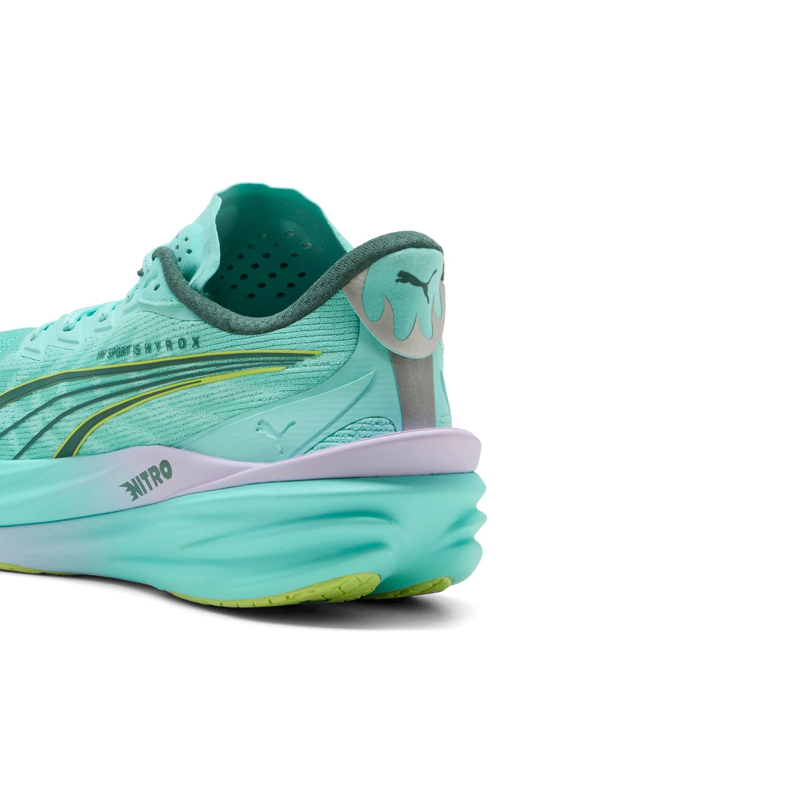 Men's Puma Deviate NITRO 4 HYROX Running Shoes Intense Mint Light Lavender heel view showing NITROFOAM cushioning with carbon fibre PWRPLATE for propulsive energy transfer during HYROX running intervals
