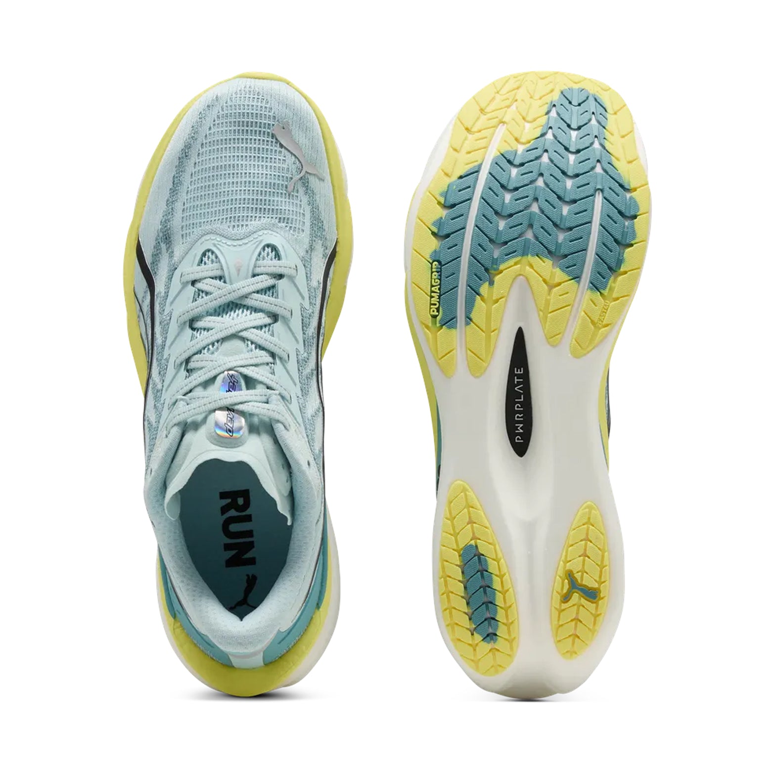 Men's Deviate NITRO 4 Running Shoes Baltic Sea Blue Fresh Water top and sole view showing breathable engineered mesh upper and PUMAGRIP multi-surface rubber outsole