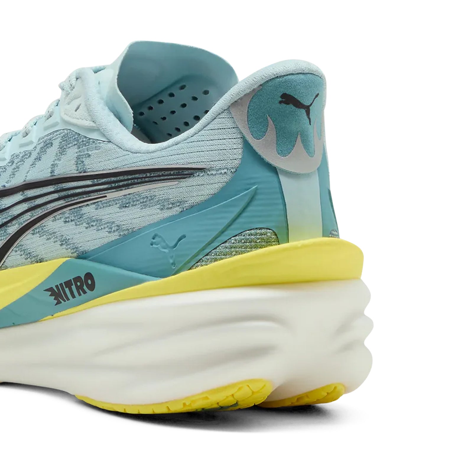 Men's Deviate NITRO 4 Running Shoes Baltic Sea Blue Fresh Water heel view showing NITROFOAM cushioning stack and upper heel construction