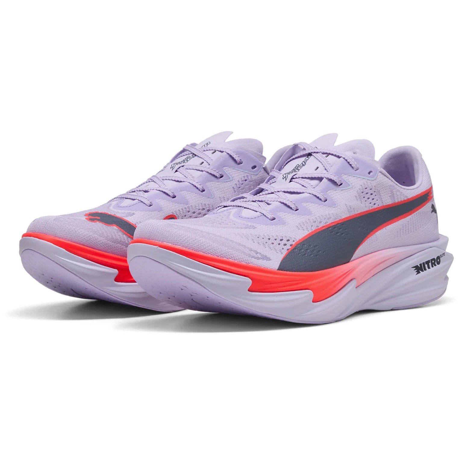 Puma Deviate NITRO Elite 4 men's running shoe in Lavender / Red / Inky Depths — angled side view showing lavender ULTRAWEAVE upper, re-engineered carbon PWRPLATE and inky depths NITROFOAM™ Elite foam midsole stack with 40mm heel 32mm forefoot profile