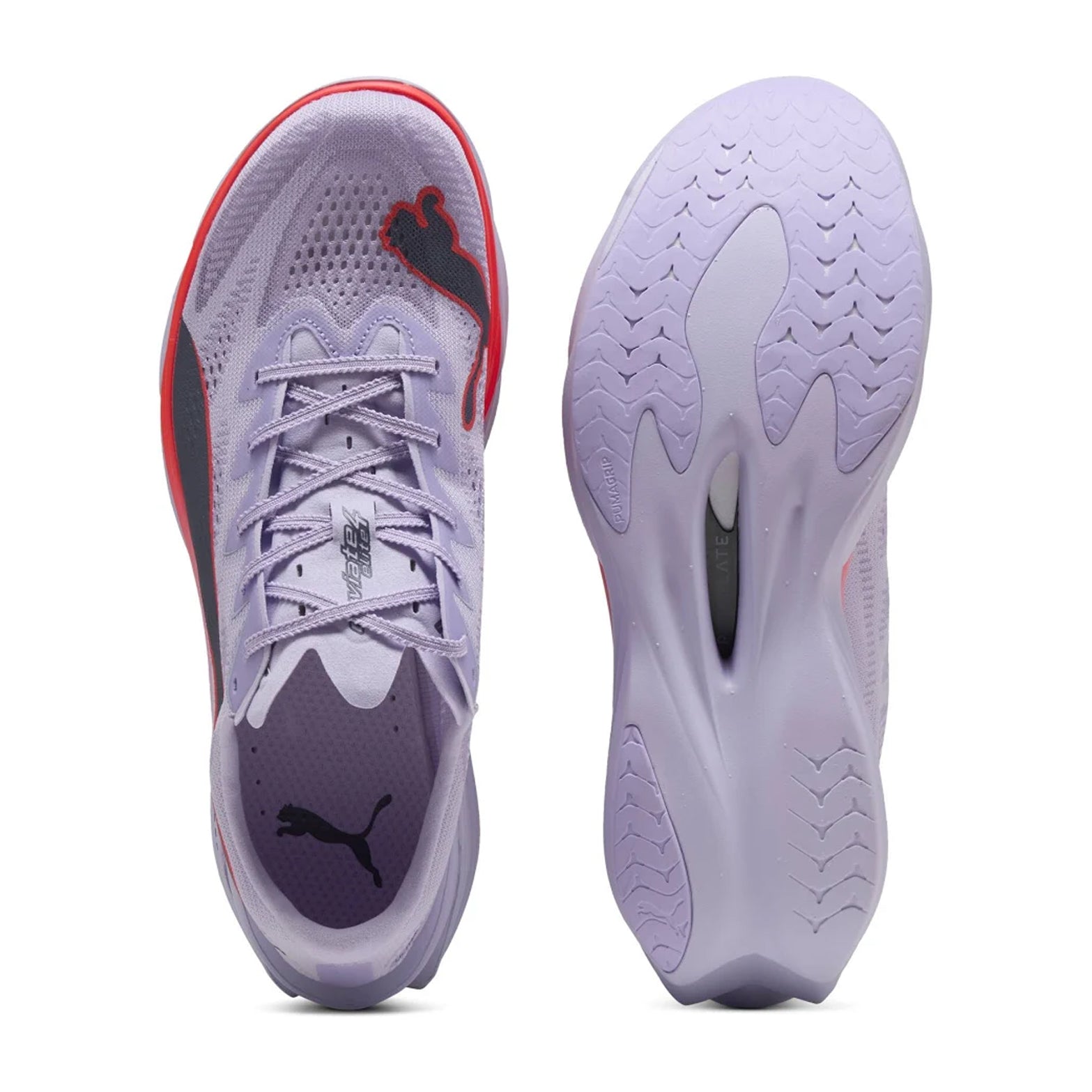 Puma Deviate NITRO Elite 4 men's running shoe in Lavender / Red / Inky Depths — combined top-down and outsole view showing lavender ULTRAWEAVE upper with red and inky depths detailing and PUMAGRIP all-surface outsole with re-engineered carbon PWRPLATE geometry